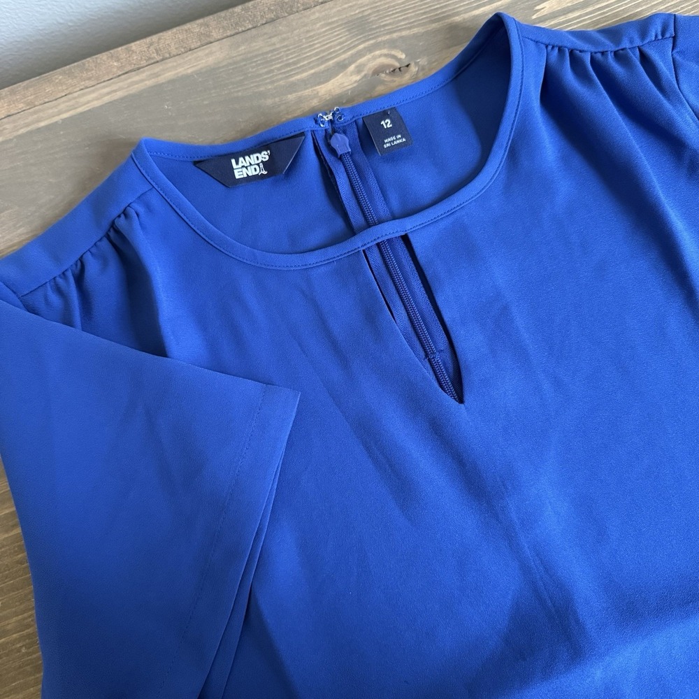 Lands End Womens 12 Blue Short Sleeve Crew Keyhole Neck Blouse Top‎